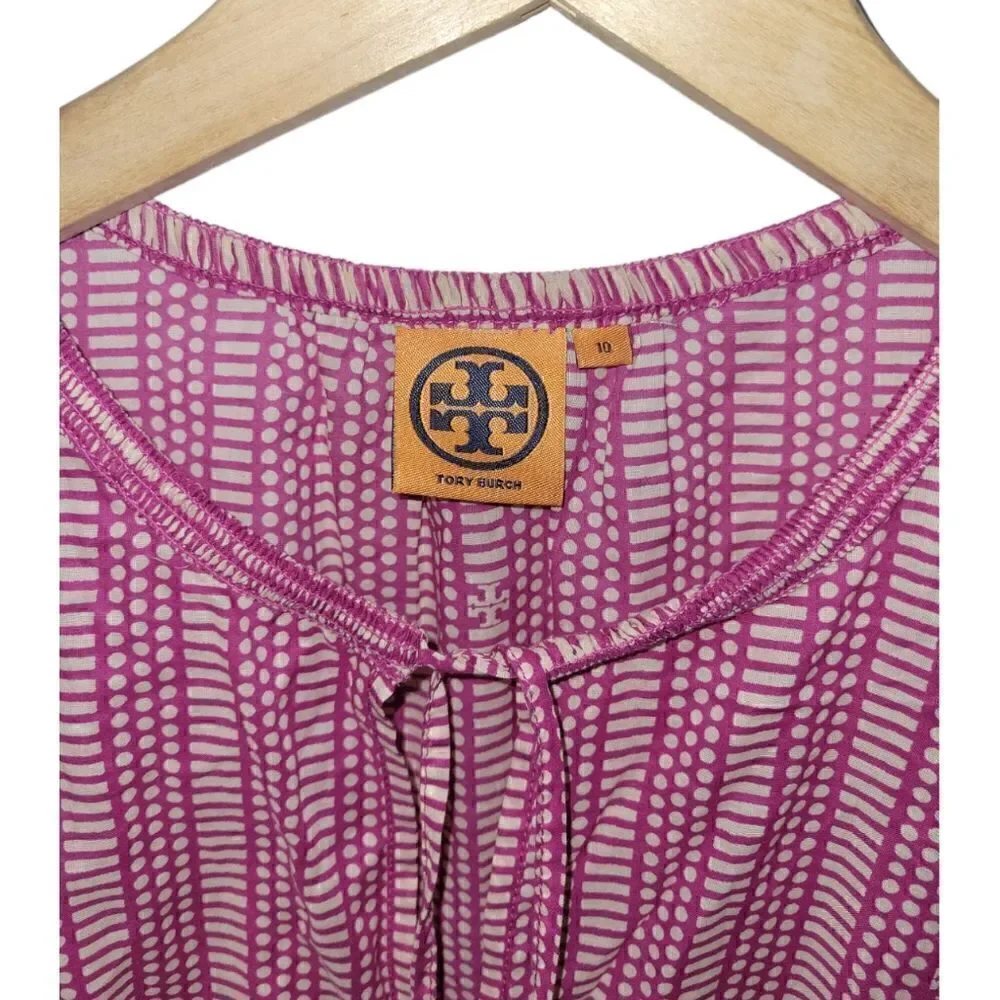 Tory Burch Ruth Wild Orchard Blouse Short Sleeve Top Pink Fuchsia 10